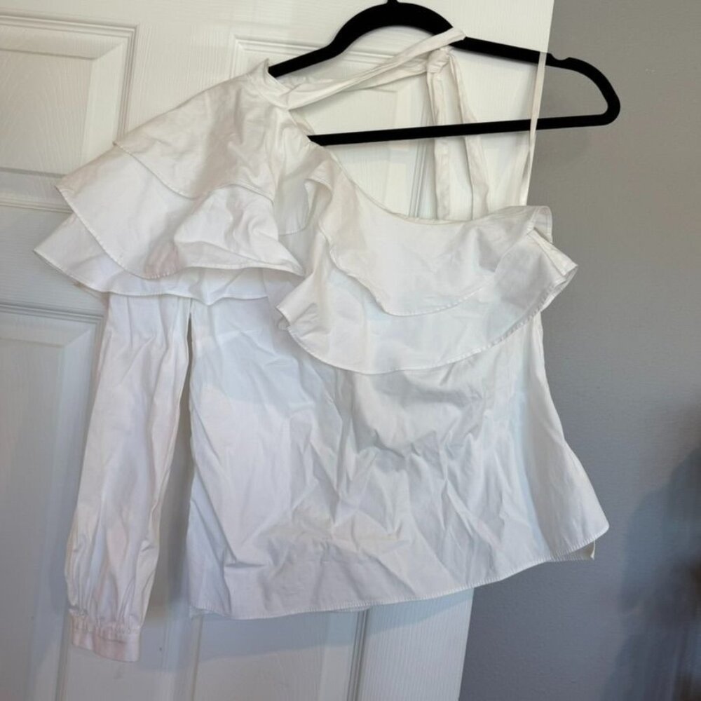 Veronica Beard Asymmetric One Shoulder Cotton Poplin White Ruffle Blouse Size 0